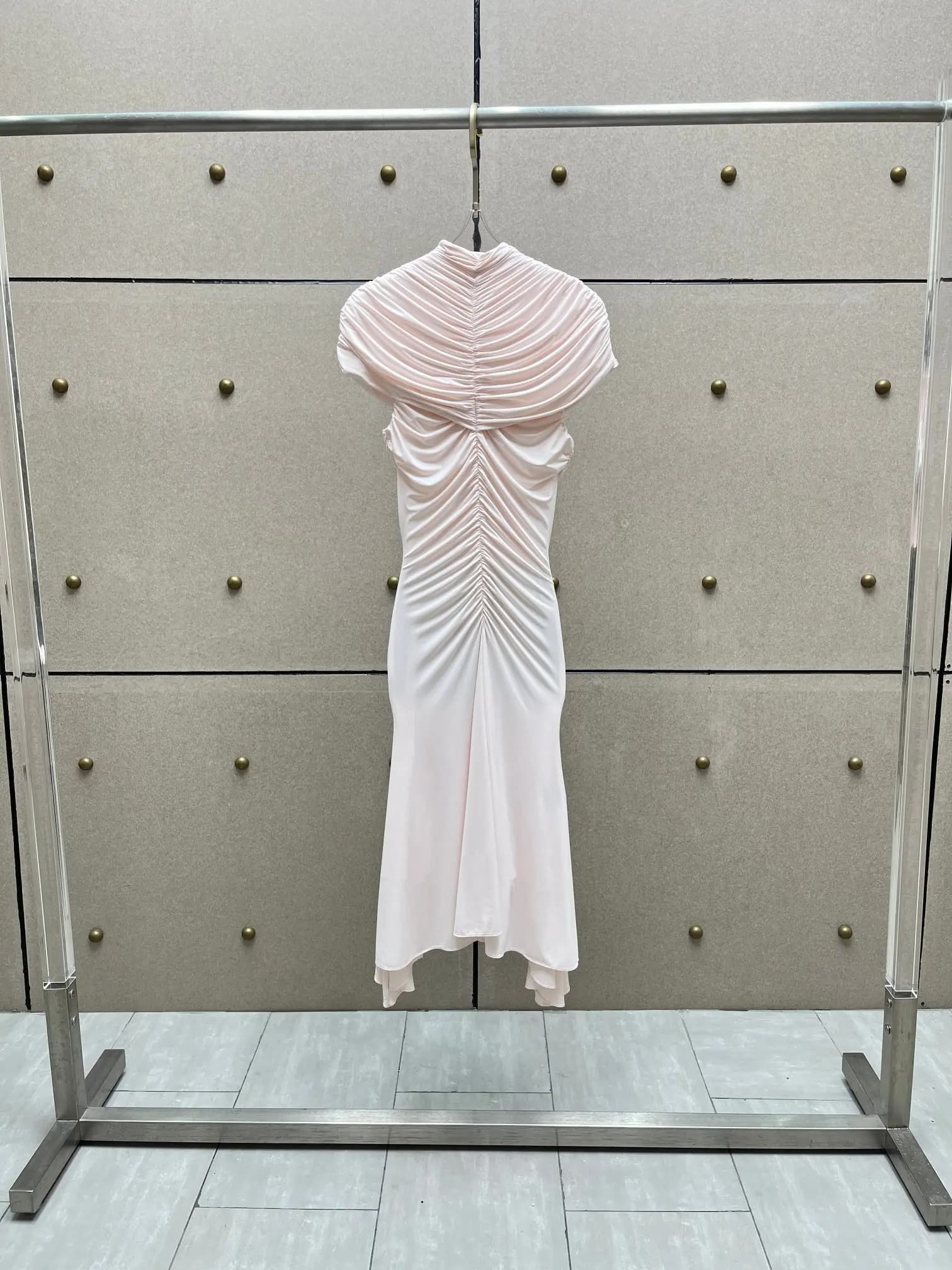 Robe longue plissée sexy, col haut, manches courtes, tempérament, mode, robes de soirée, paquet Slim