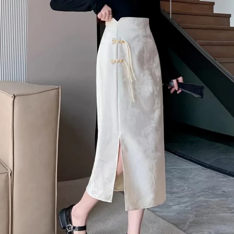 Jupes de style chinois pour femmes, streetwear décontracté imprimé, élégant, chic, couleur unie, tai