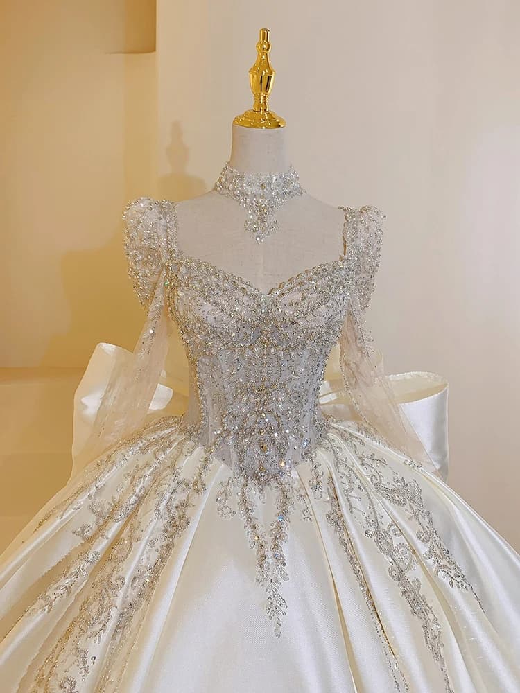 Robe de mariée légère en Satin à manches longues, avec tempérament élégant, manches longues, queue d