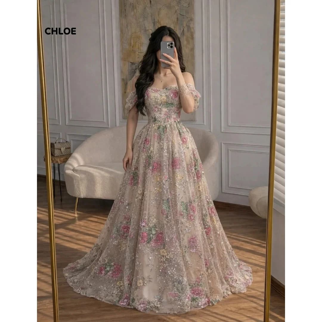 Robe de soirée pour femmes à manches courtes, élégante, pour fêtes, ligne A, dentelle brodée, fleurs