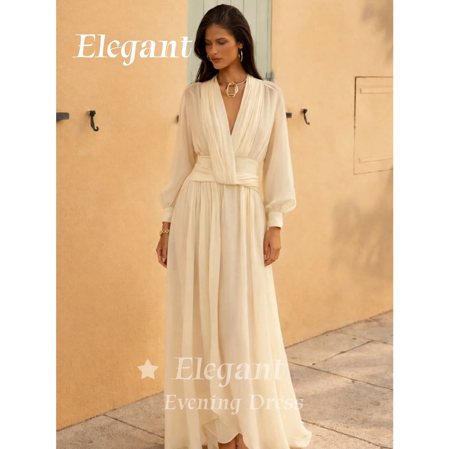Robe de bal plissée à col en V et manches lanternes, taille nouée, en mousseline fluide, couleur crè