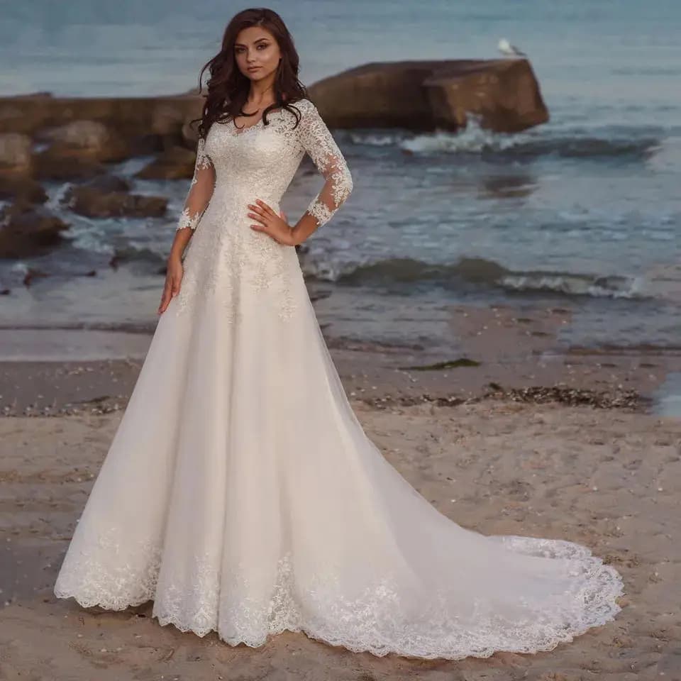 Robe de Mariée Longue Personnalisée, Manches 3/4, Col en V, Dentelle, Appliques, Ligne A, Tulle, pou