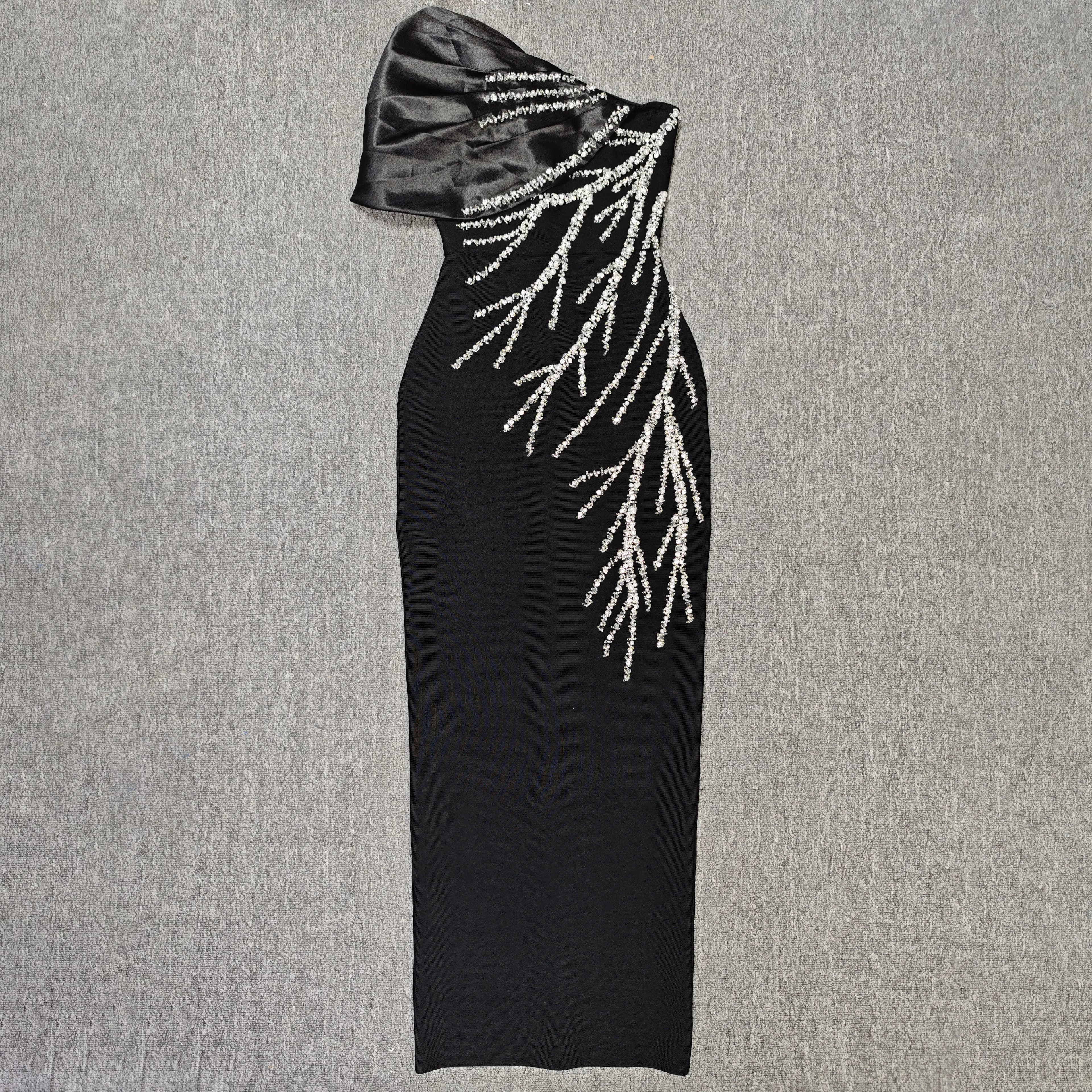 Robes noires élégantes pour femme, asymétriques à une épaule, ornées de strass brillants, moulantes,