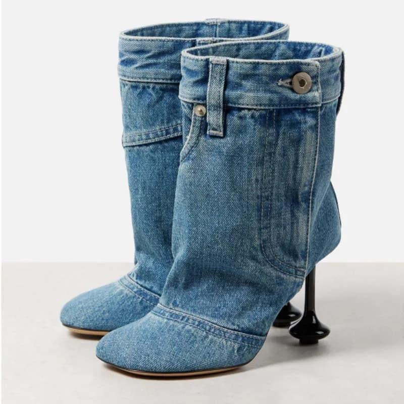 Jupe en jean à talons irréguliers pour femmes, bottes de surintendant, couture, talons hauts, bottes
