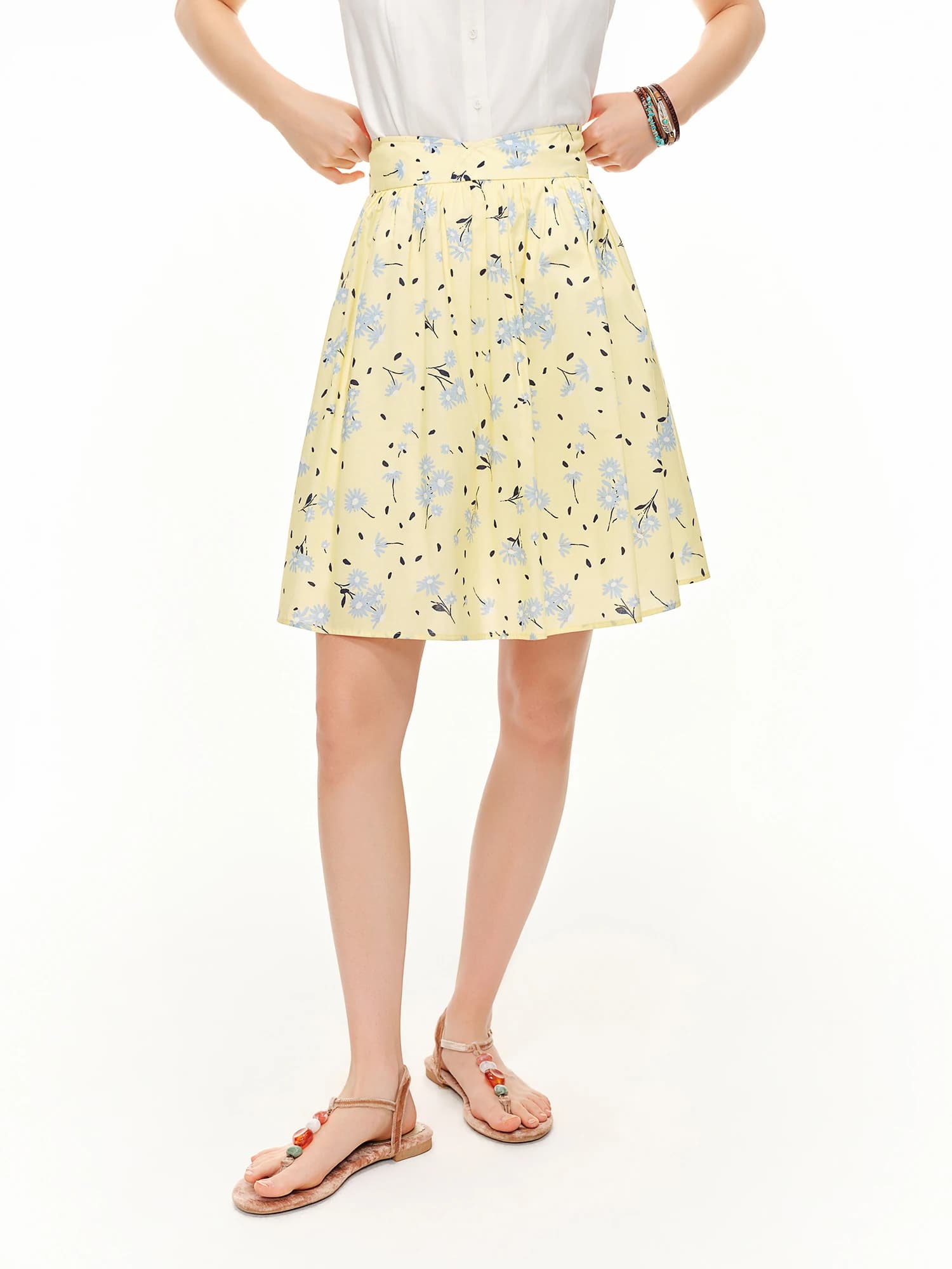 DUSHU Chic Daisy Jupe trapèze imprimée jaune taille haute mi-longue pour femme, nouvelle collection 