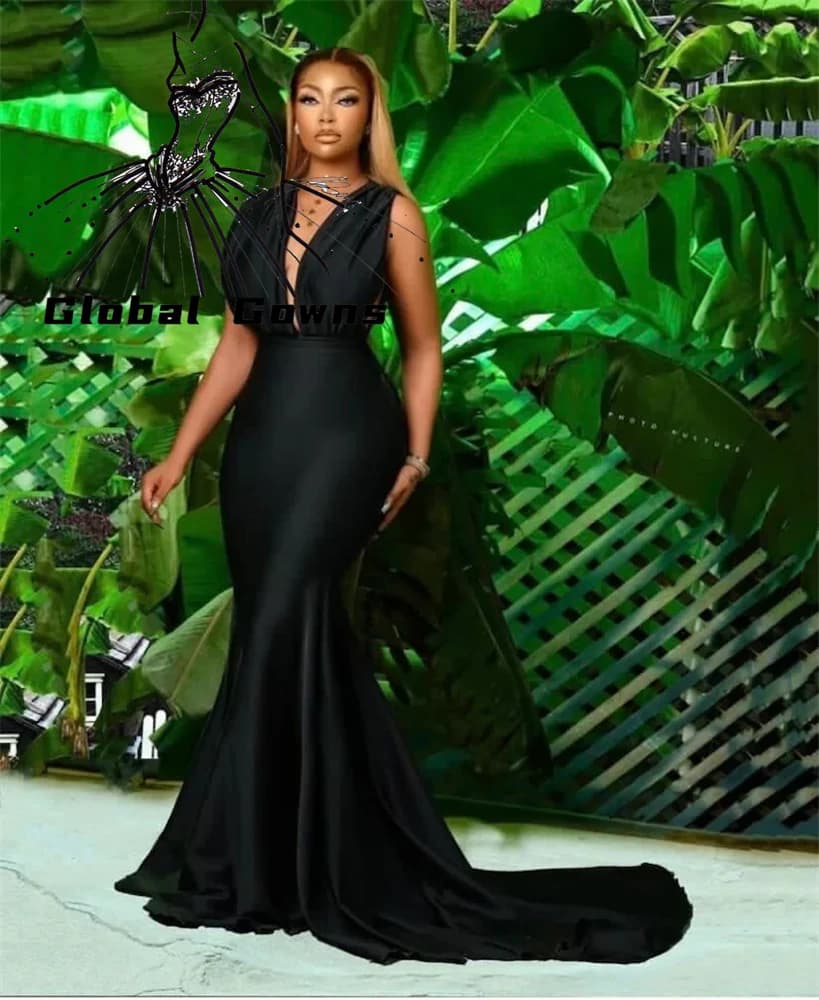 Aso Ebi-Robe de soirée noire à col en V pour filles noires, robe sirène pour occasions spéciales, ro