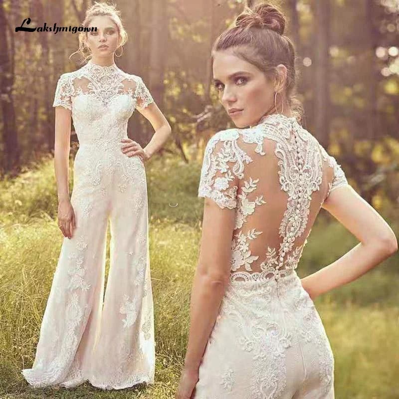 Robes de mariée vintage avec appliques en dentelle, combinaison personnalisée, pantalons imbibés, to