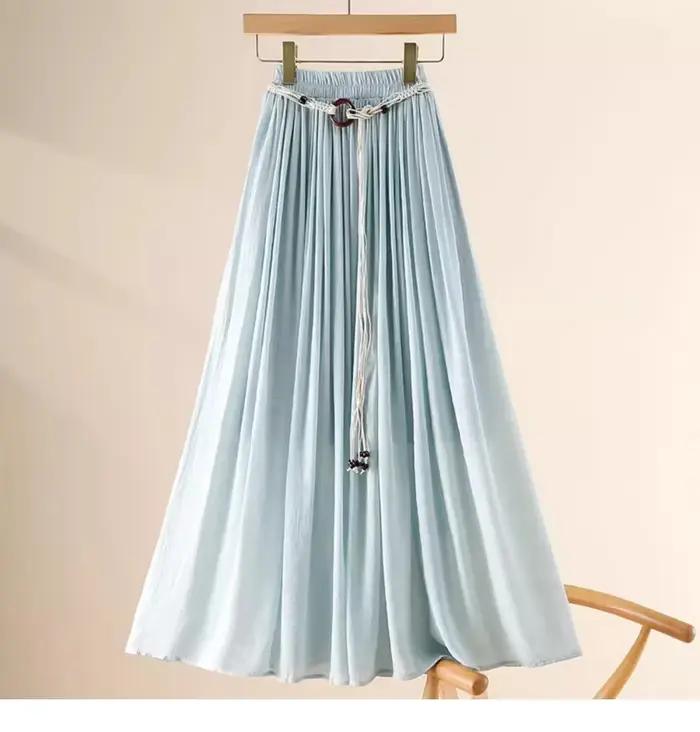 Boho femmes jupe coton lin jaune femme jupes taille haute Harajuku 2025 tendance luxe élégant Vintage jupe longue avec ceinture