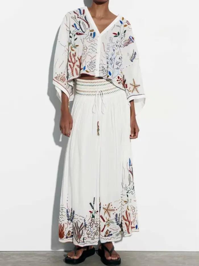 Jupe Longue Brodée à Taille Moyenne pour Femme, Inspiration Boho, Nouvelle Collection d'Été