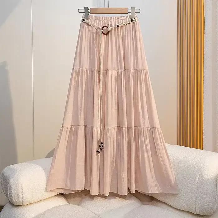 Jupe midi bohème en coton et lin pour l'été : jupe longue plissée fluide coupe trapèze avec effet am