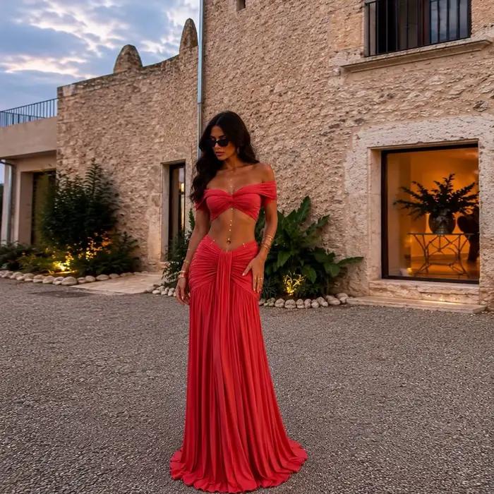 Jupe longue plissée en mousseline de soie rouge froncée à taille haute pour femme, idéale pour les s