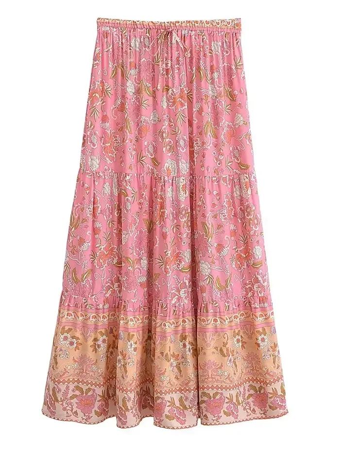 Jupe de plage bohème à imprimé floral pour femme, taille haute, rayonne, coton, maxi, ligne A, hippi