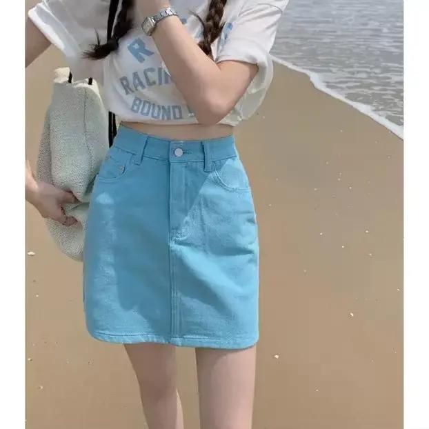 Mini jupe en jean taille haute pour femme avec poche, jupes en jean pour femme, fermeture éclair ser