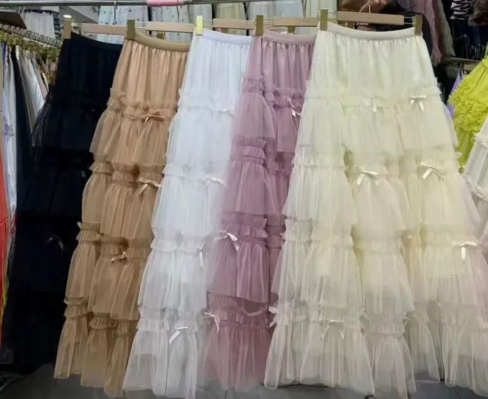 Jupe longue maxi à volants en gaze et dentelle, taille haute, style A-line, pour femme, élégante et
