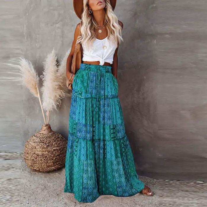 Jupe plissée taille haute à imprimé fleuri bohème pour femmes, jupe longue A-Line, mode décontractée