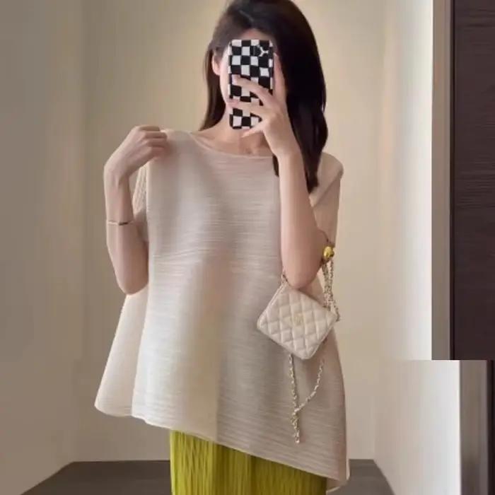 Haut plissé monochrome avec ourlet alertes onal, demi-jupe ronde, grande taille, vêtements d'été con
