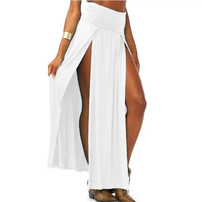 Jupe longue plissée à Double fente pour femmes, taille haute, Sexy, maille ouverte devant, couleur u