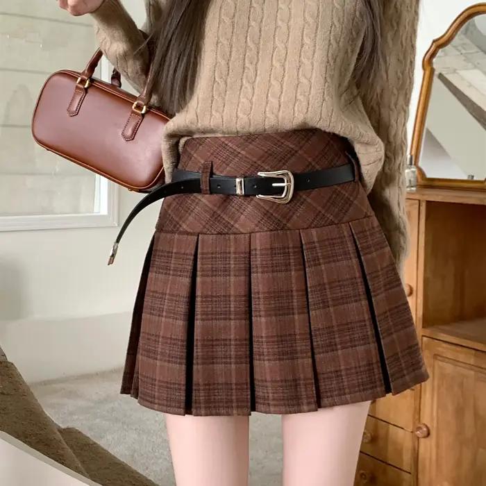 Style coréen hiver laine Kawaii Mini jupes femmes mode Y2K Streetwear Tartan plissé jupe à carreaux