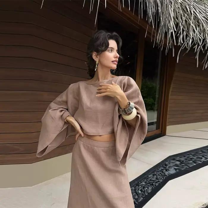 Costume jupe ample doublé de coton pour femmes, haut court à manches larges, taille haute, ensembles