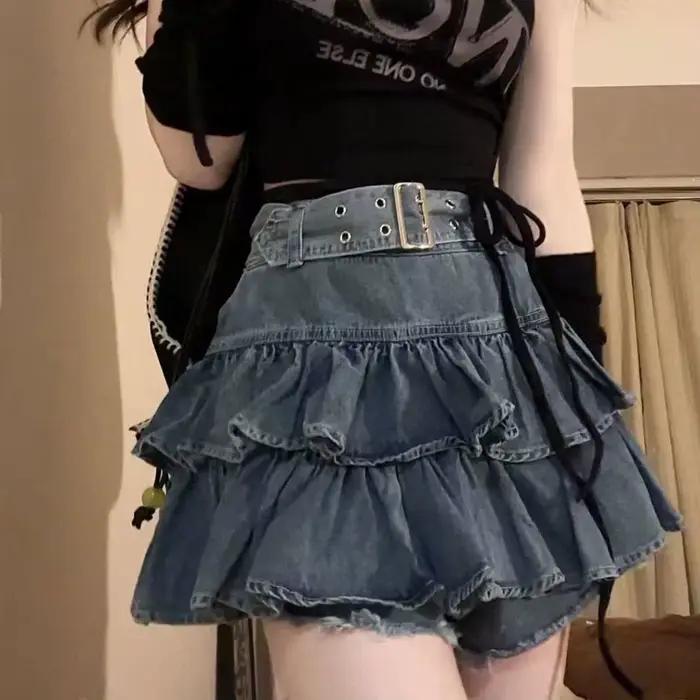 Mini jupes en denim plissées à volants pour femmes, double couche, taille haute, design mince, ceint