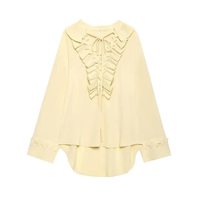 HH mode femmes jaune en mousseline de soie chemise jupe ensemble été à plusieurs niveaux décoration