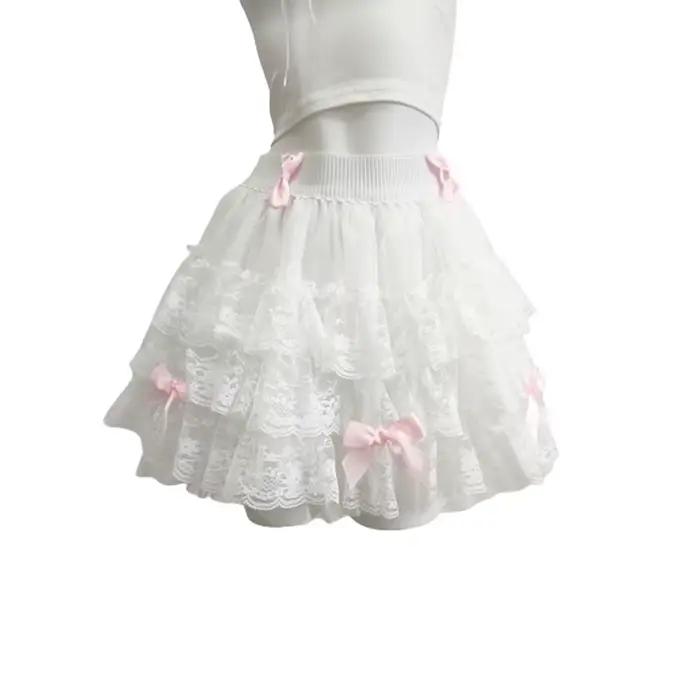 Jupes en dentelle multicouches pour filles douces, rubans d'été, nœuds décoratifs, taille élastique,