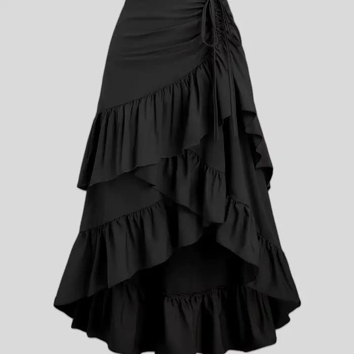 Jupe midi asymétrique noire à volants multicouches, jupe midi à volants multicouche au design plissé