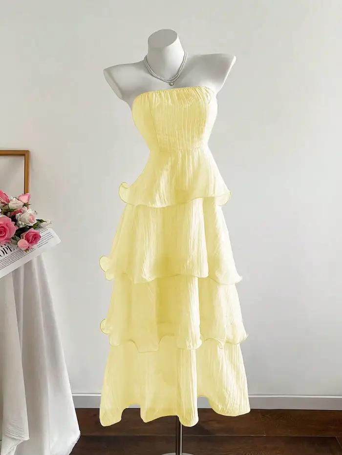 Jupe mi-longue amincissante plissée couleur unie style princesse, nouvelle collection été, robe long