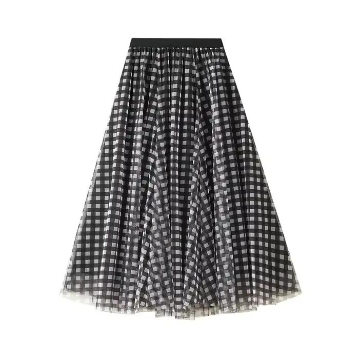Jupe longue élégante à motif écossais pour femme, 3 couches de tulle, taille haute, blocs de couleur