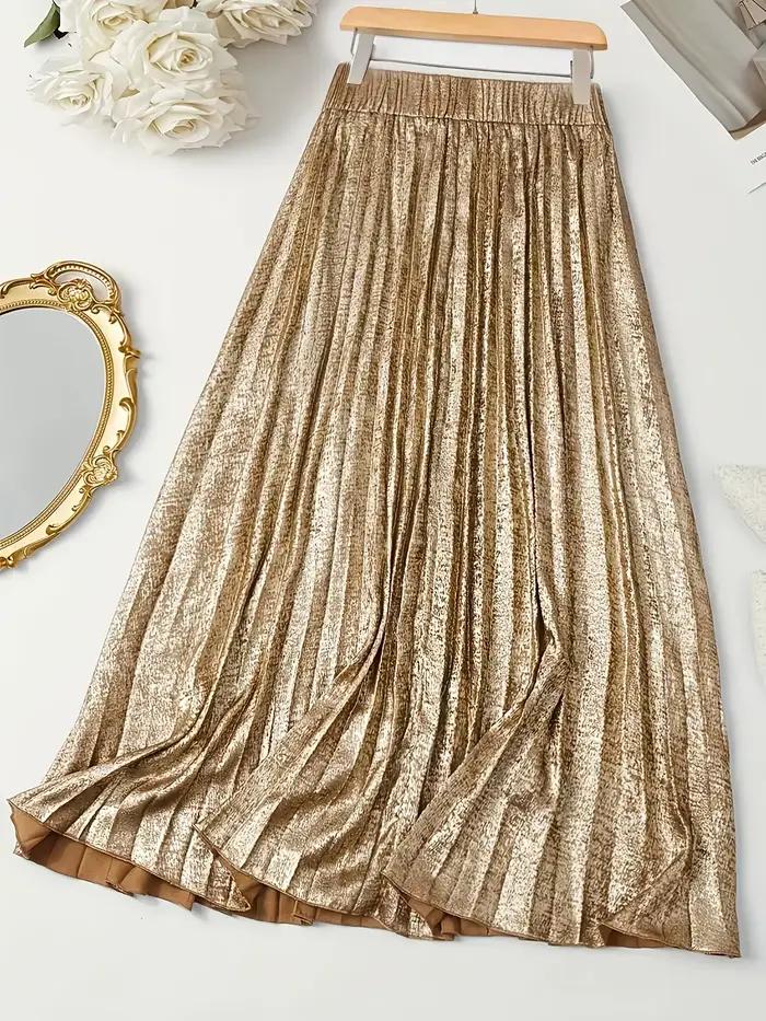 Jupe longue plissée métallique taille haute, élégante, en forme de ligne, flatte, parfaite pour les