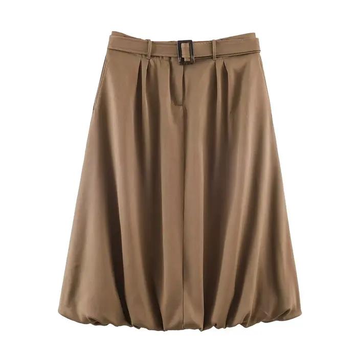 Jupe mi-longue pour femme, mode printemps, polyvalente, avec ceinture, version ballon, couleur unie,
