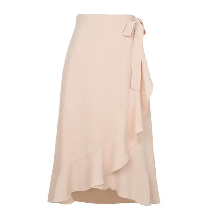 Jupe longue en mousseline de soie pour femmes, à volants, à lacets, couleur unie, taille haute, déco