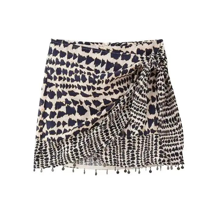 Femmes Vintage imprimé géométrique noué Mini jupe Sarong Faldas Mujer femme perles gland décontracté