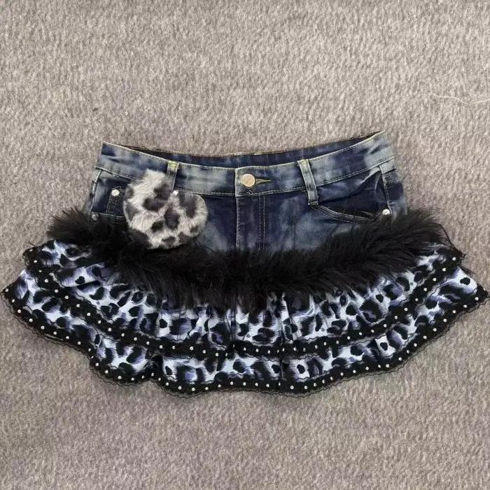 Jupe en jean imprimée léopard noir et blanc vintage Y2K pour femmes, jupe mini punk vintage, mode al