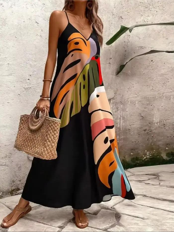 Robe d'été ultra longue pour femme, imprimé feuilles colorées élégant, col en V sans manches, poche