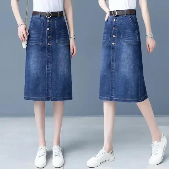 Jupes en jean pour femmes, taille haute avec fente, jupe en jean, mi-longue, rétro, Vintage, décontr