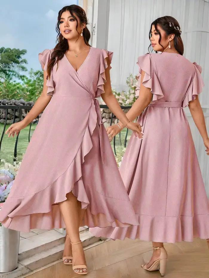 Robe midi élégante lavande à col en V et à encolure croisée – Manches à volants et ourlet asymétriqu