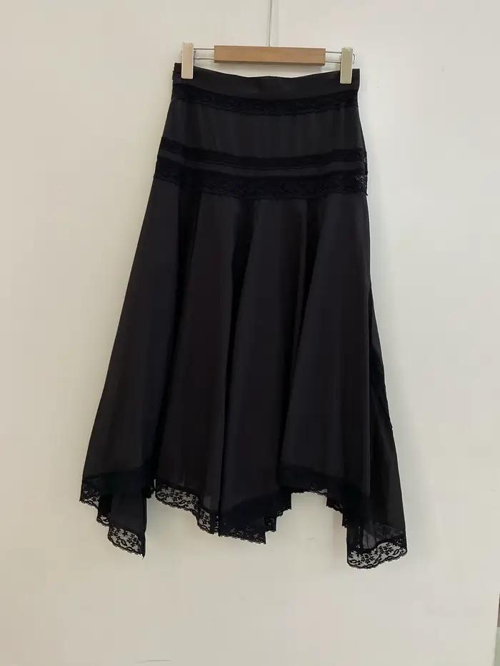 Jupe 100% Coton Femme Taille Haute Plissée Ourlet Irrégulier avec Empiècements en Dentelle Longueur