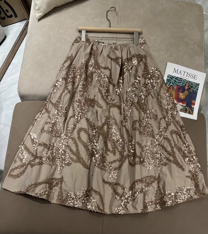 Jupe en coton taille haute pour femme avec embellissement de sequins élaborés