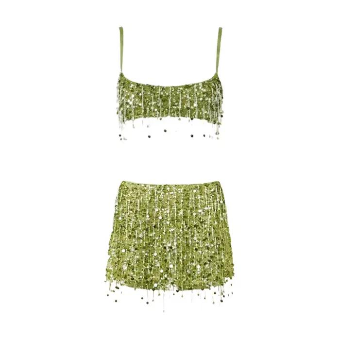 Ensemble deux pièces à sequins et franges pour femme, haut court à bretelles et mini-jupe scintillan