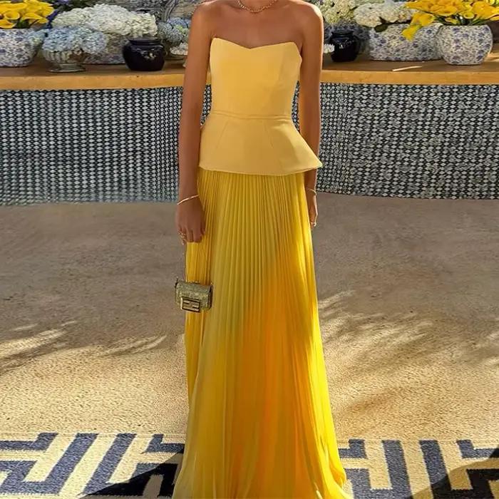 Ensembles de jupes jaunes tendance pour femmes : hauts sans manches, dos nu et sans bretelles, et ju