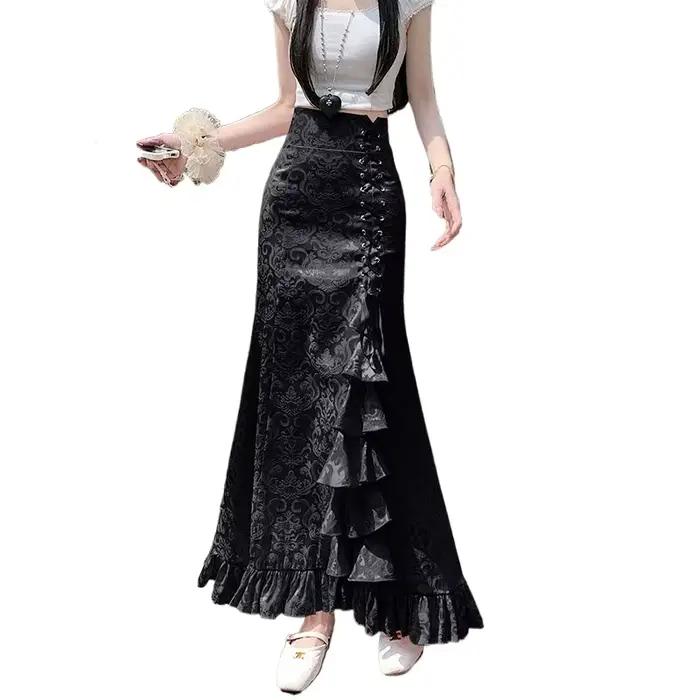 Jupe femme Style rétro jeu de rôle cour victorienne robe sirène longue Sexy à volants mince queue de