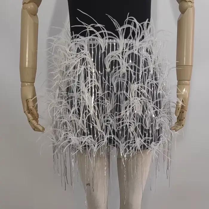 Mini jupe transparente en vraie plume, envelopper la poitrine, deux façons de porter, vêtements à ta