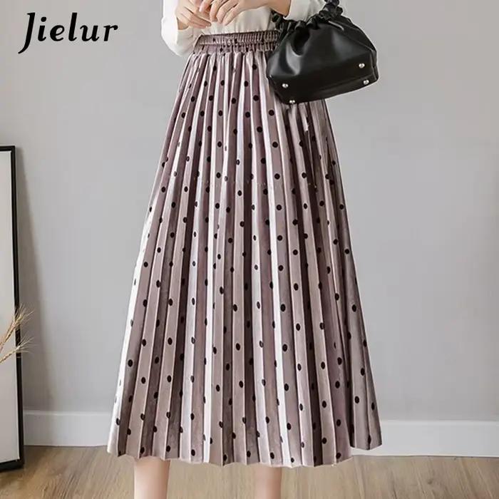 Jielur – jupe plissée noire pour femme, tenue Chic, taille élastique, à pois, nouvelle collection co