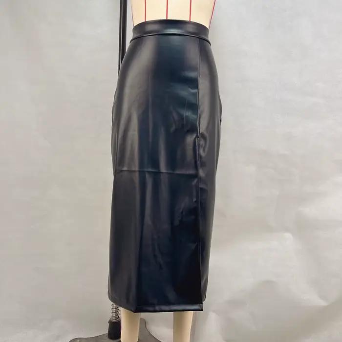 Jupe mi-longue en cuir Pu pour femmes, rouge, taille haute fendue, ligne a, hanche, couleur unie, Y2