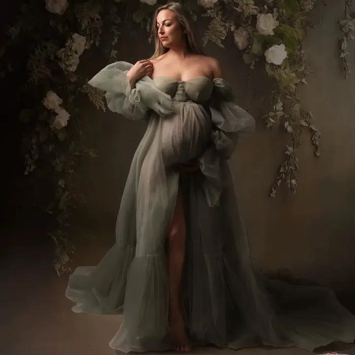 Robes de soirée à manches longues pour femmes enceintes, robes de photographie fendues sur le devant