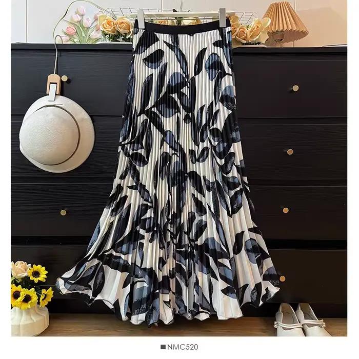 Jupe longue plissée taille haute à imprimé floral vintage pour femmes grandes tailles - Jupe longue