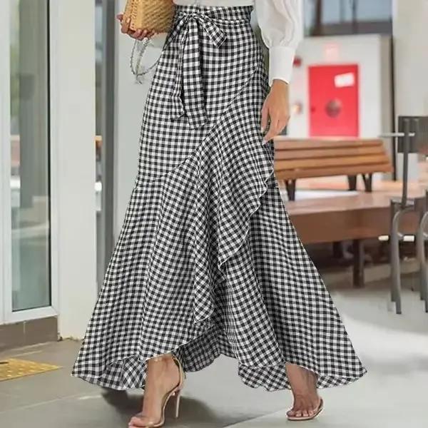 Jupe longue à volants irrégulière en chanvre à carreaux de sirène, taille haute, décontractée, envel