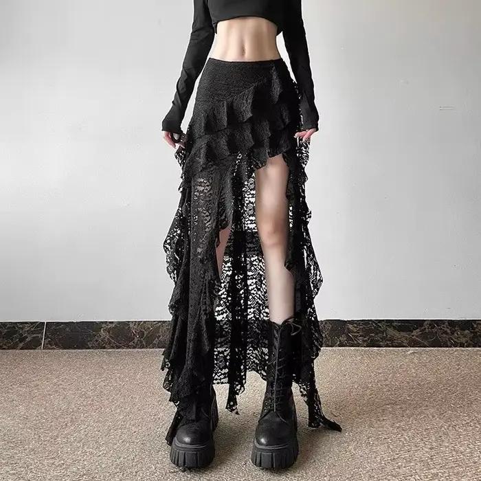 Jupe longue taille haute en dentelle douce blanche cousue à ourlet à volants pour femme, adaptée à t
