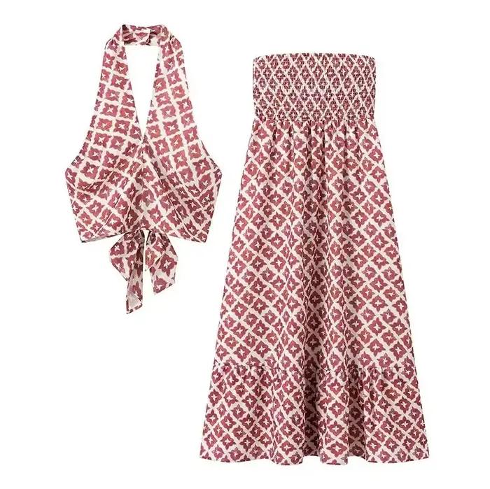 Ensemble jupe et haut imprimé tendance été pour femme, haut sans manches à col halter, jupe évasée,